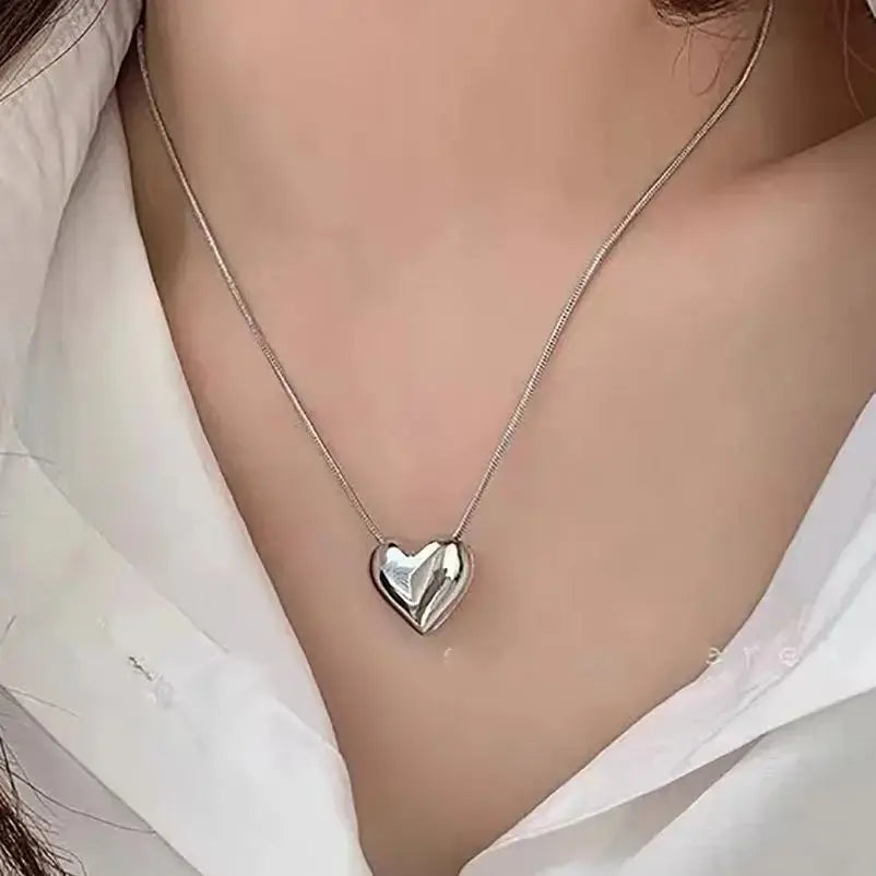 Simple Trendy Silver Color Love Heart Pendant Necklace