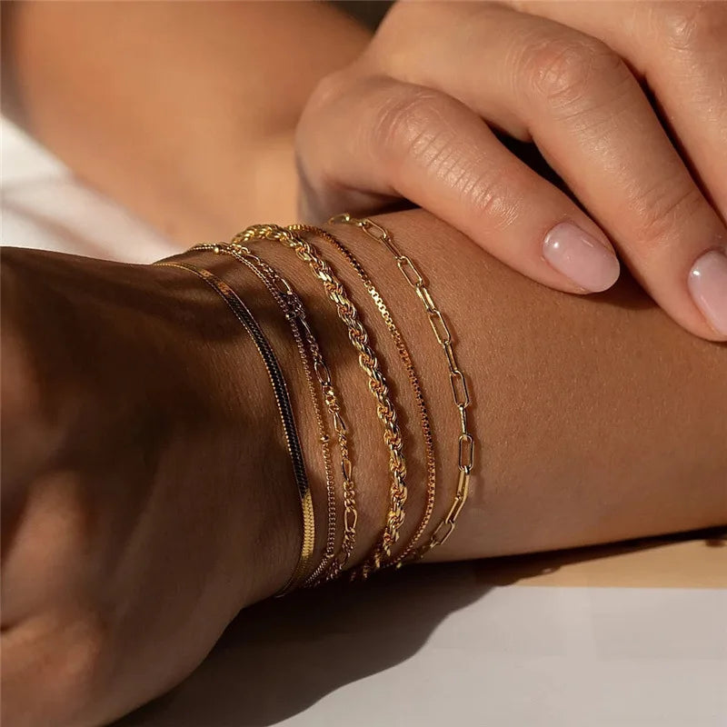 6Pcs/Set Bohemian Multi-layer Thin Chain Bracelets for Women Minimalist Gold Color Metal Bangles Summer Y2K Jewelry Accessories