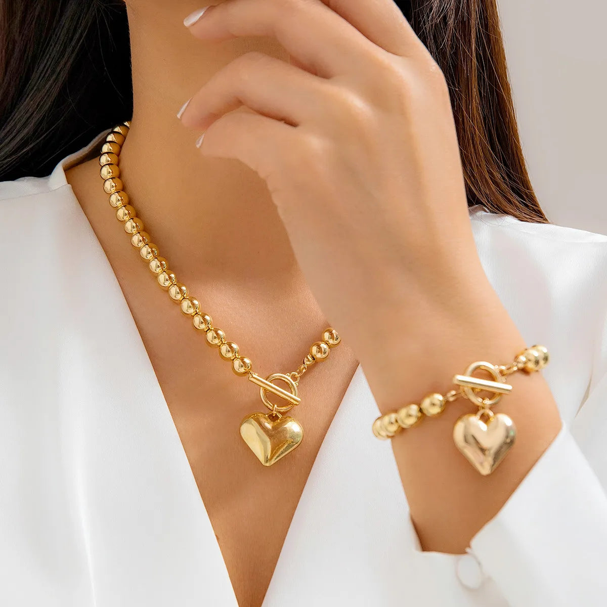 2Pcs Creative Punk Big Love Heart OT Buckle Pendant Choker Necklace Women Vintage CCB Beads Chain Bracelets Grunge Jewelry Set
