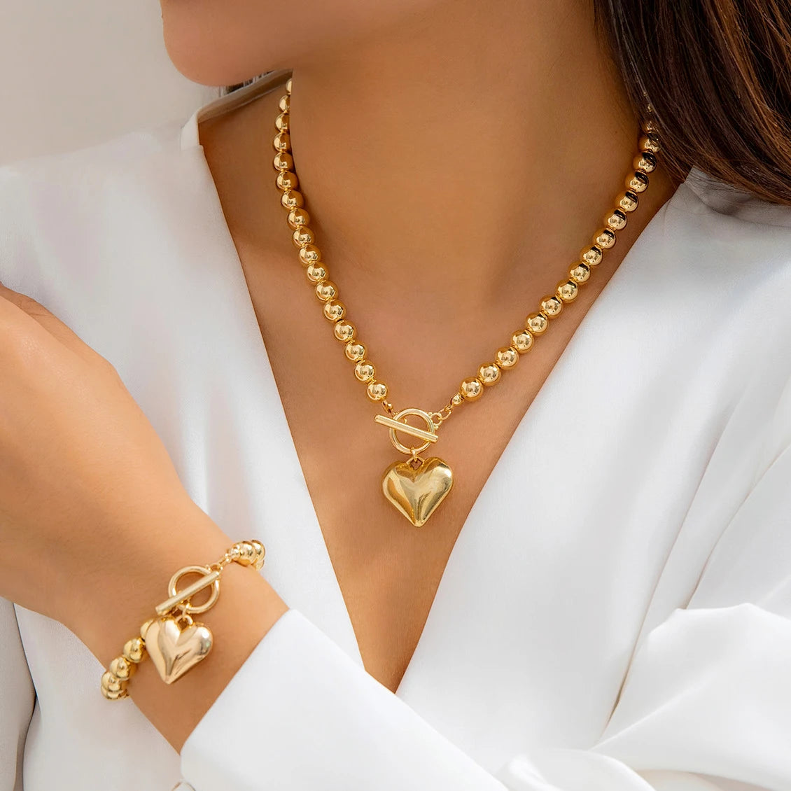 2Pcs Creative Punk Big Love Heart OT Buckle Pendant Choker Necklace Women Vintage CCB Beads Chain Bracelets Grunge Jewelry Set