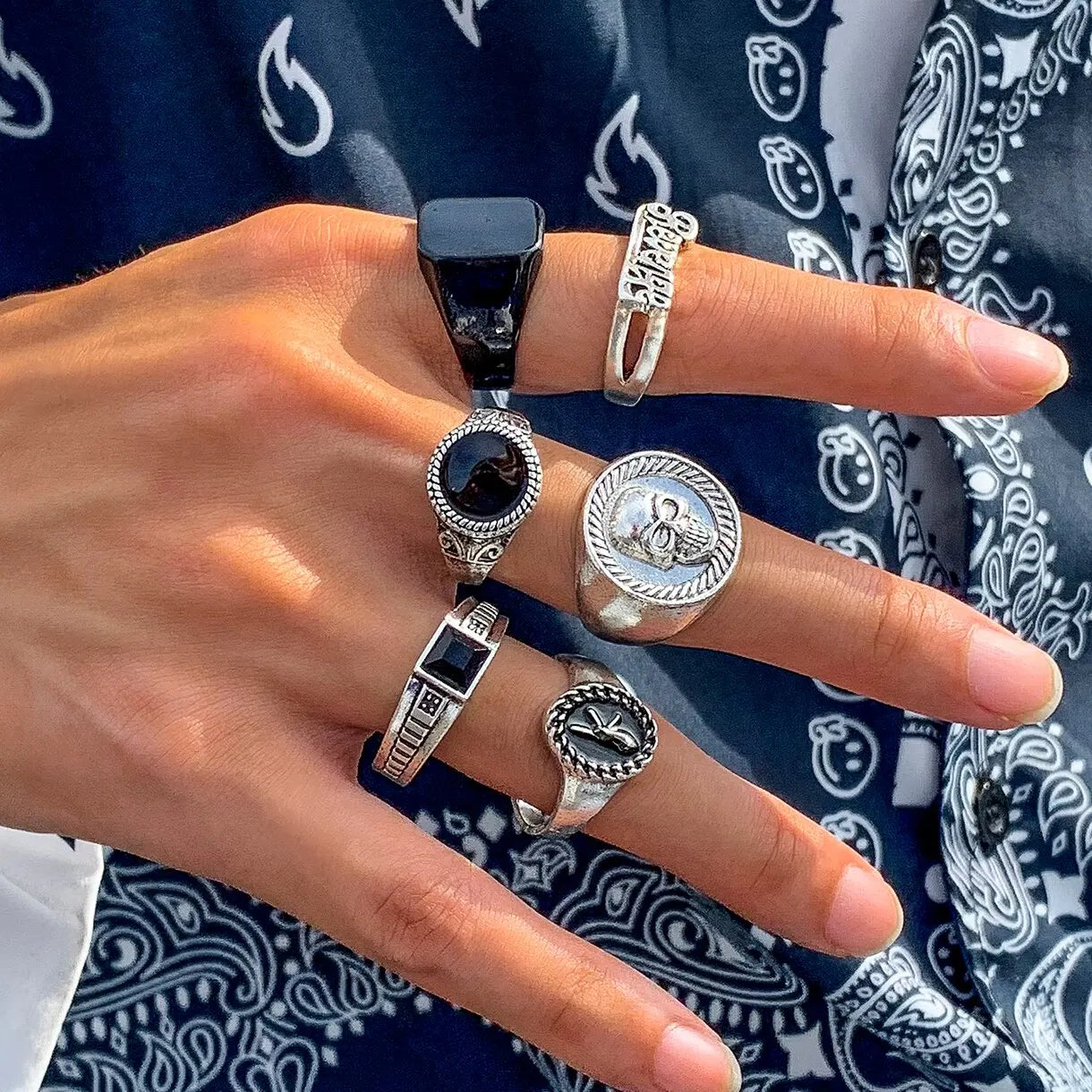 6Pcs/Set Goth Vintage Skeleton Skull Antique Silver Color Rings Set